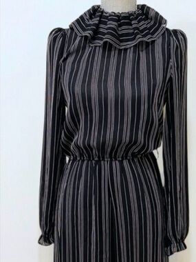 Black and White Sheer Dress with Ruffle Neck and Puff Sleeves. Dramatic Collar.